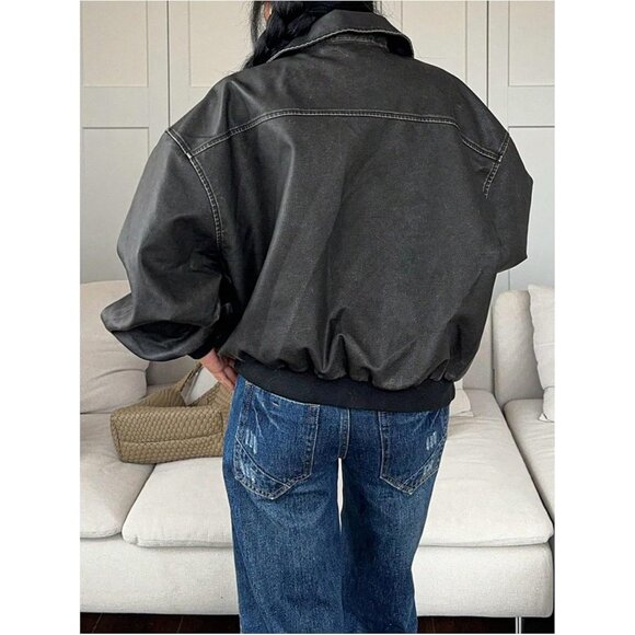 Women Black Faux Leather Jacket Zip Up Oversized Motorcycle Outfits Winter Coats - Picture 2 of 6